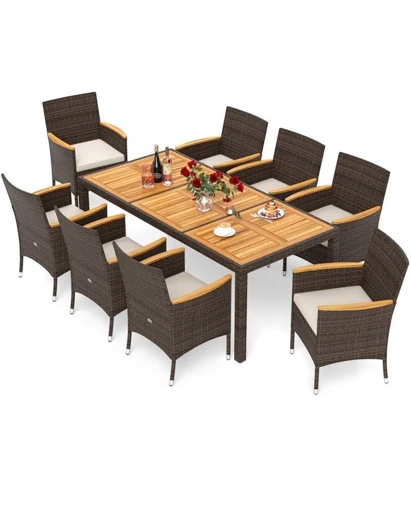 9 Piece Outdoor Dining Set with Acacia Wood Table Top-Beige - Beige - Patio Dining Sets