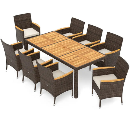 9 Piece Outdoor Dining Set with Acacia Wood Table Top-Beige - Beige - Patio Dining Sets