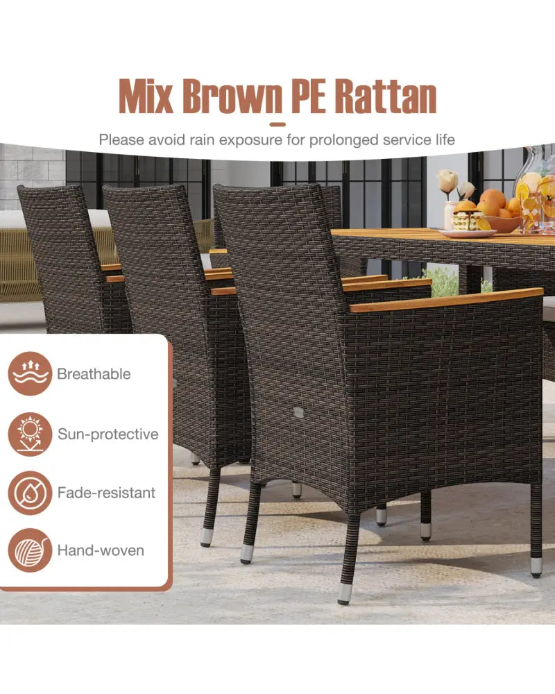 9 Piece Outdoor Dining Set with Acacia Wood Table Top-Beige - Beige - Patio Dining Sets