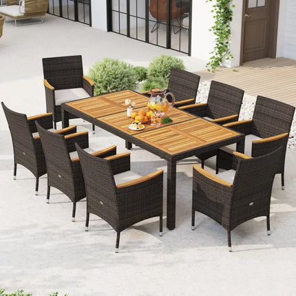 9 Piece Outdoor Dining Set with Acacia Wood Table Top-Beige - Beige - Patio Dining Sets