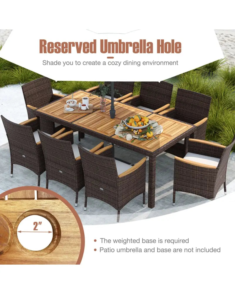 9 Piece Outdoor Dining Set with Acacia Wood Table Top-Beige - Beige - Patio Dining Sets