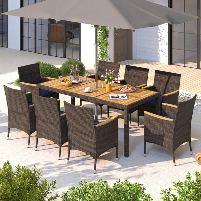 9 Piece Outdoor Dining Set with Acacia Wood Table Top-Navy - Navy - Patio Dining Sets