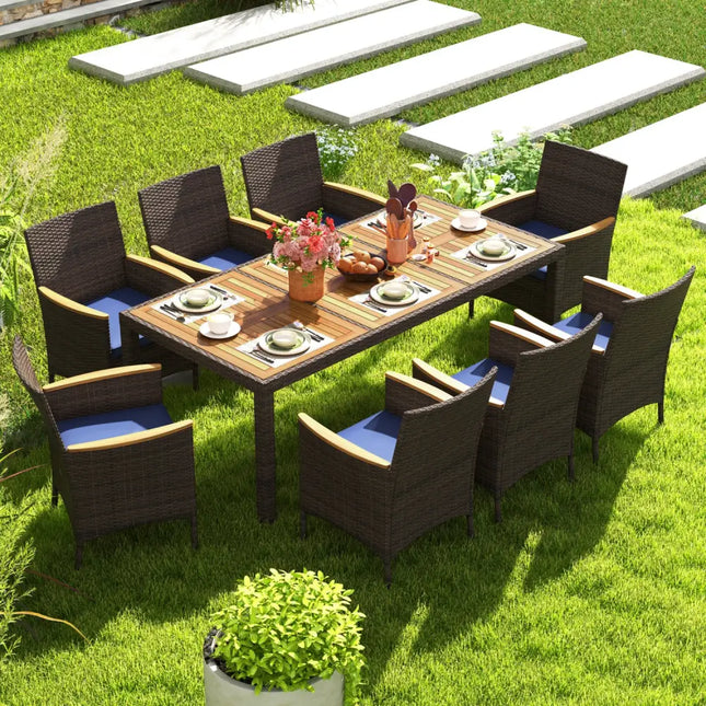 9 Piece Outdoor Dining Set with Acacia Wood Table Top-Navy - Navy - Patio Dining Sets