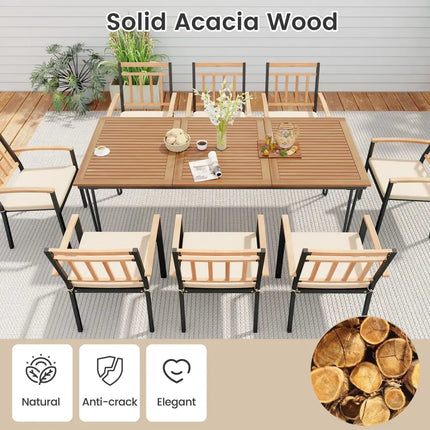 9-Piece Patio Dining Set 35.5 Inch Acacia Wood Table with Umbrella Hole and 24-Inch Wide Chairs - Natural - Patio