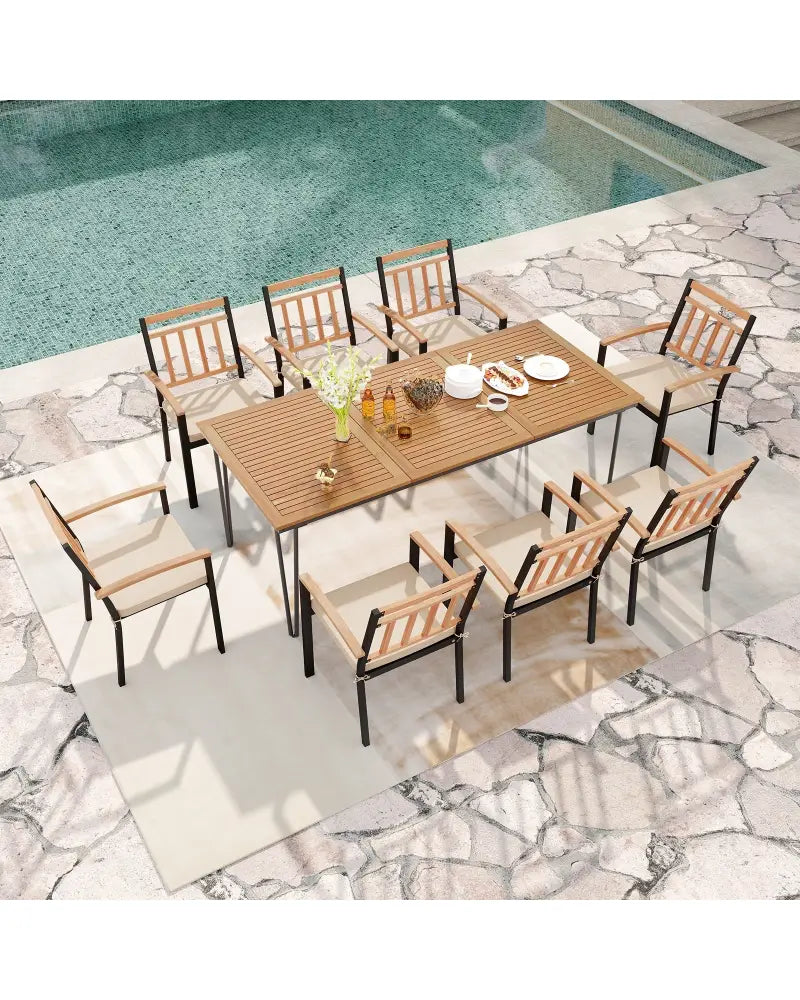 9-Piece Patio Dining Set 35.5 Inch Acacia Wood Table with Umbrella Hole and 24-Inch Wide Chairs - Natural - Patio