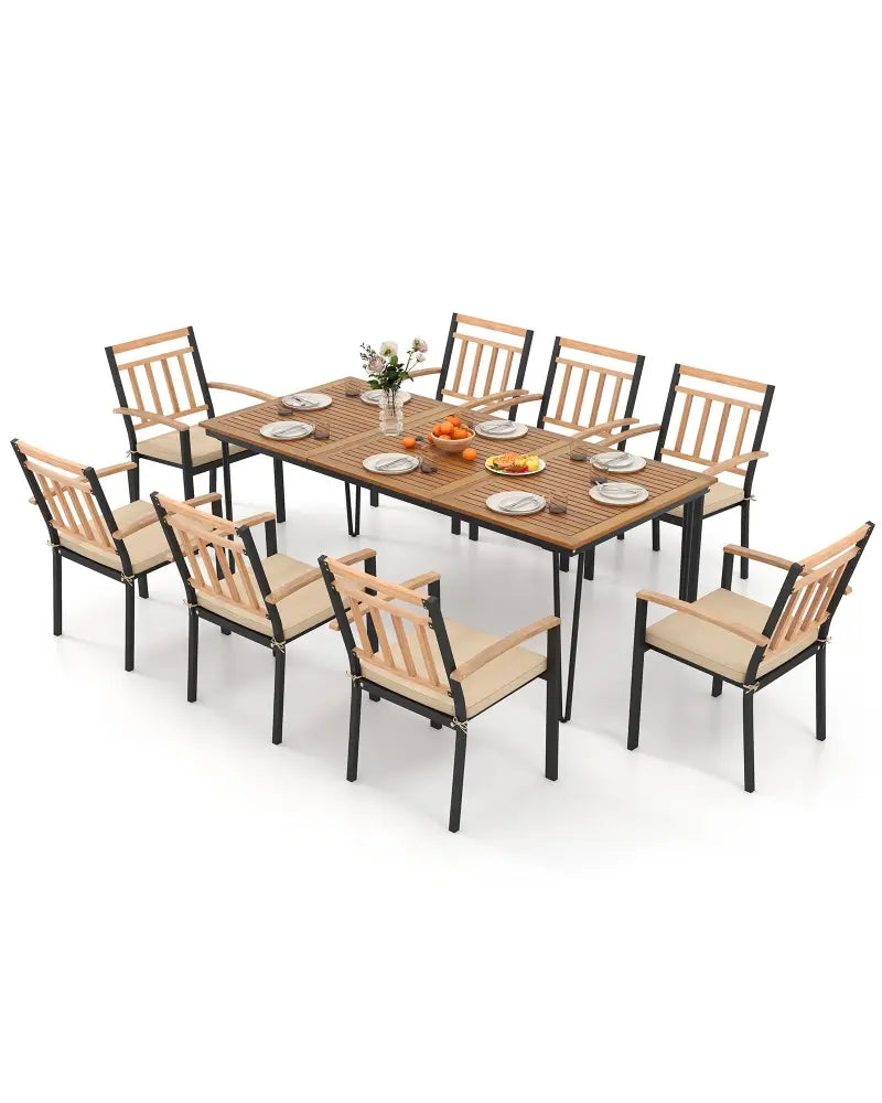 9-Piece Patio Dining Set 35.5 Inch Acacia Wood Table with Umbrella Hole and 24-Inch Wide Chairs - Natural - Patio