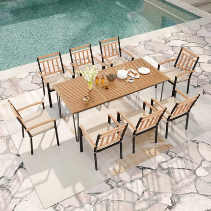9-Piece Patio Dining Set 35.5 Inch Acacia Wood Table with Umbrella Hole and 24-Inch Wide Chairs - Natural - Patio