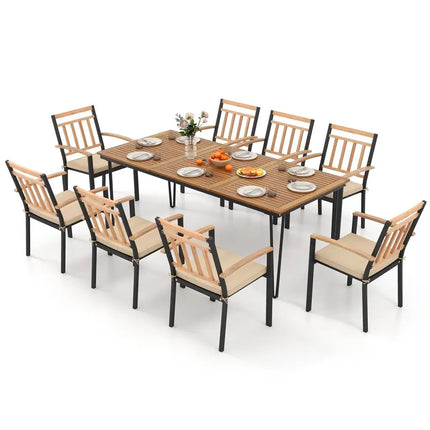 9-Piece Patio Dining Set 35.5 Inch Acacia Wood Table with Umbrella Hole and 24-Inch Wide Chairs - Natural - Patio