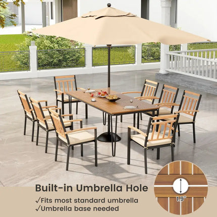 9-Piece Patio Dining Set 35.5 Inch Acacia Wood Table with Umbrella Hole and 24-Inch Wide Chairs - Natural - Patio