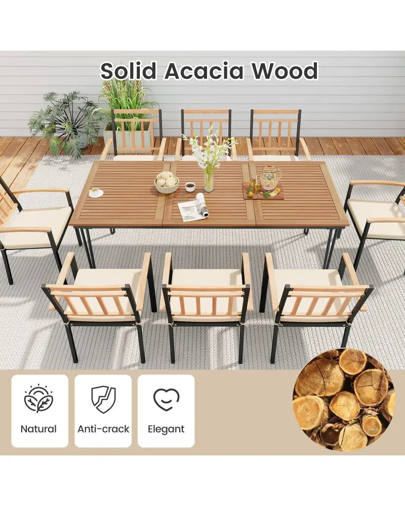 9-Piece Patio Dining Set 35.5 Inch Acacia Wood Table with Umbrella Hole and 24-Inch Wide Chairs - Natural - Patio
