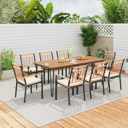 9-Piece Patio Dining Set 35.5 Inch Acacia Wood Table with Umbrella Hole and 24-Inch Wide Chairs - Natural - Patio