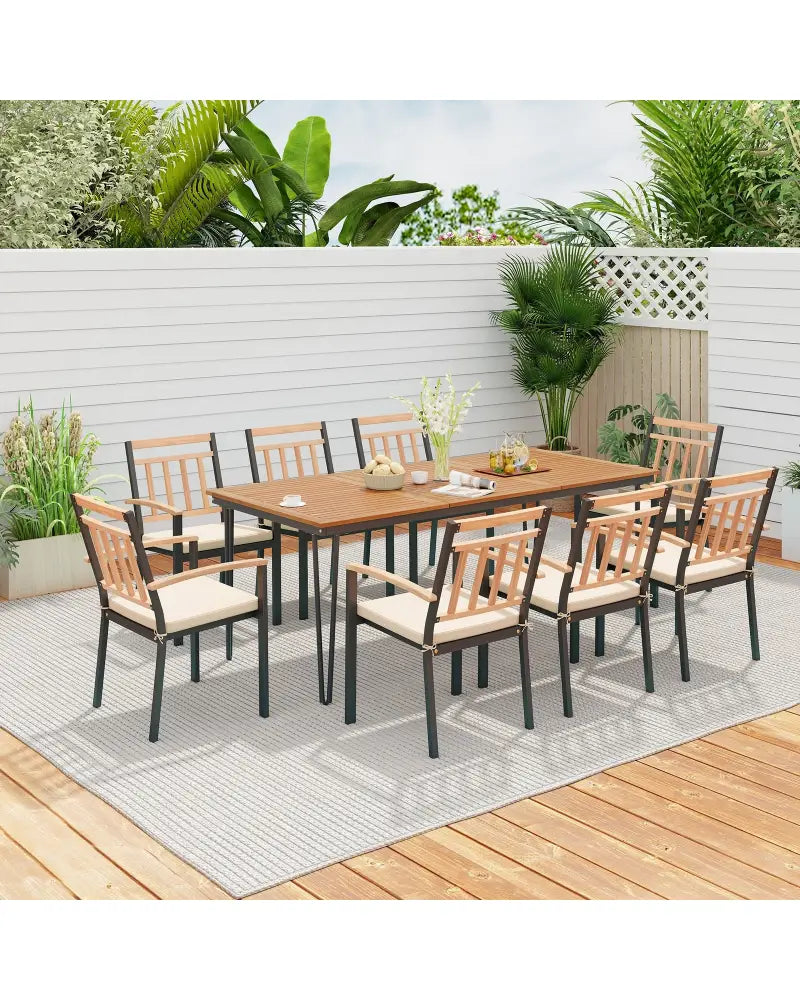 9-Piece Patio Dining Set 35.5 Inch Acacia Wood Table with Umbrella Hole and 24-Inch Wide Chairs - Natural - Patio
