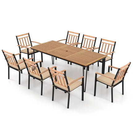 9-Piece Patio Dining Set 35.5 Inch Acacia Wood Table with Umbrella Hole and 24-Inch Wide Chairs - Natural - Patio