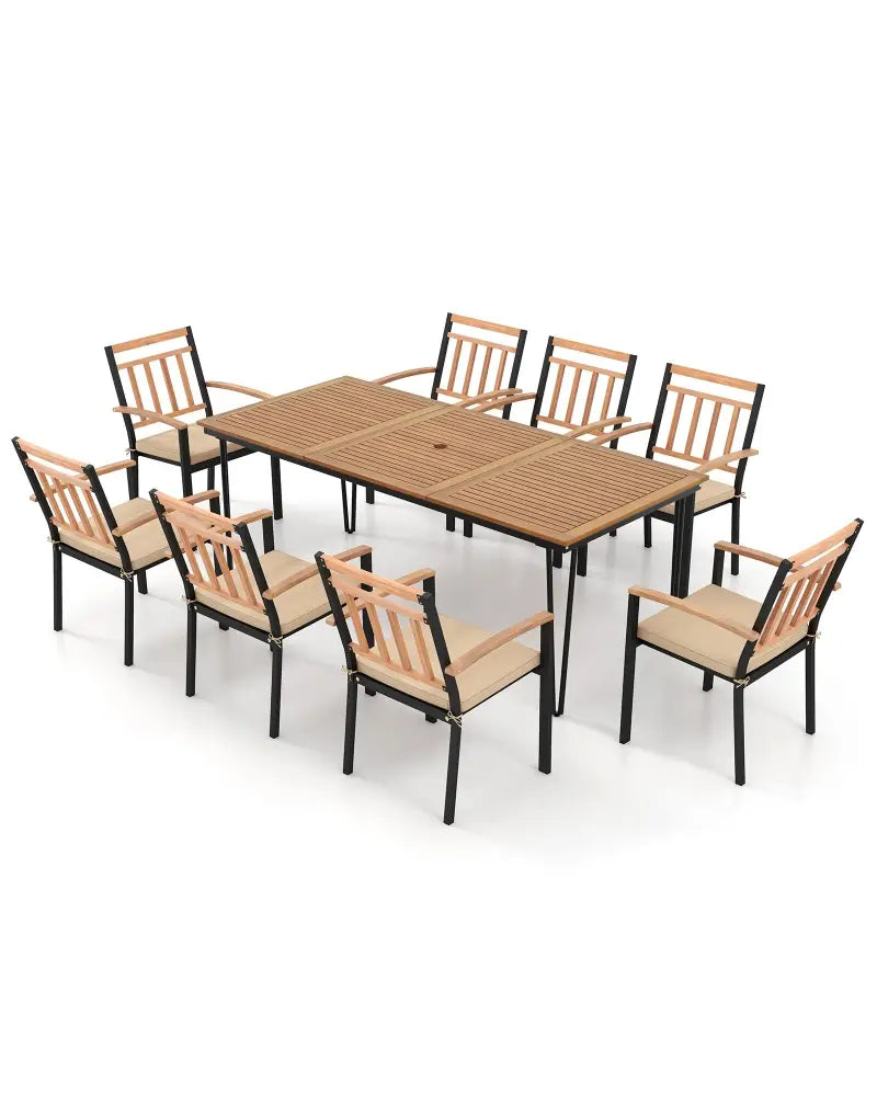 9-Piece Patio Dining Set 35.5 Inch Acacia Wood Table with Umbrella Hole and 24-Inch Wide Chairs - Natural - Patio