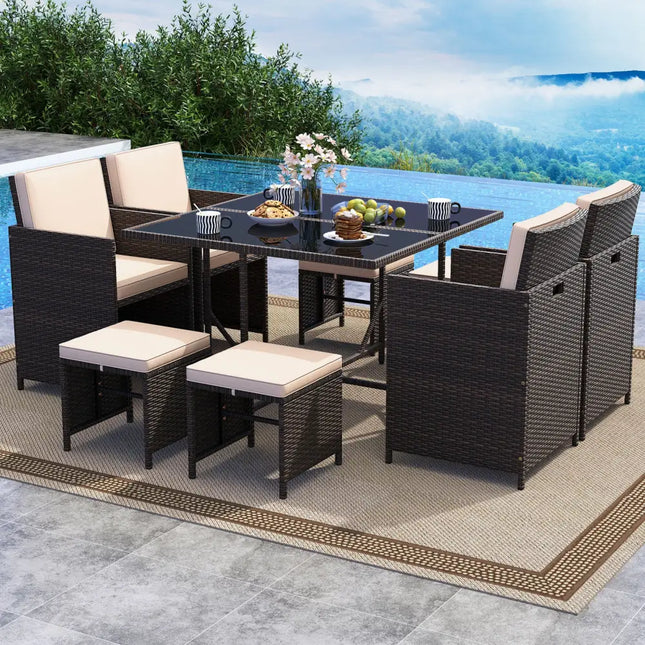 9 Piece Patio Dining Set with Tempered Glass Table and Ottoman-Beige - Beige - Patio Conversation Sets