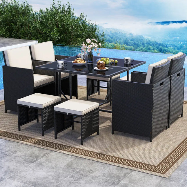 9 Piece Patio Dining Set with Tempered Glass Table and Ottoman-White - White - Patio Conversation Sets