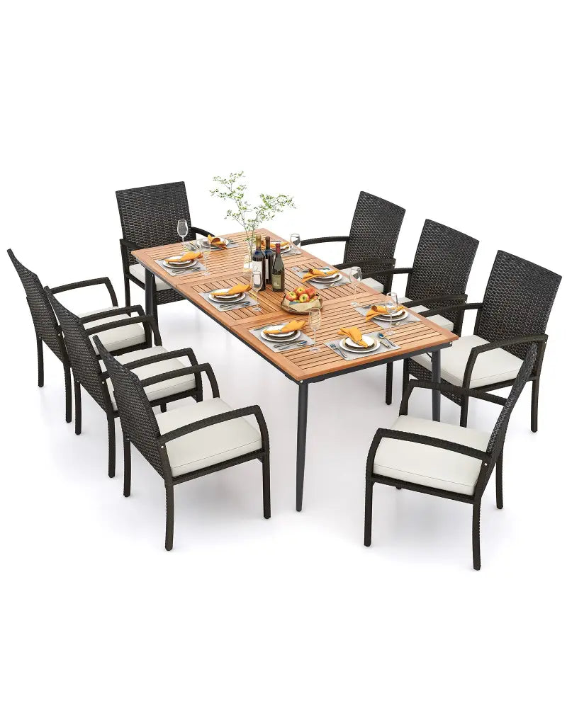 9-Piece Patio Dining Set with Umbrella Hole and 8 Rattan-woven Dining Chairs with Seat Cushions - Natural - Patio