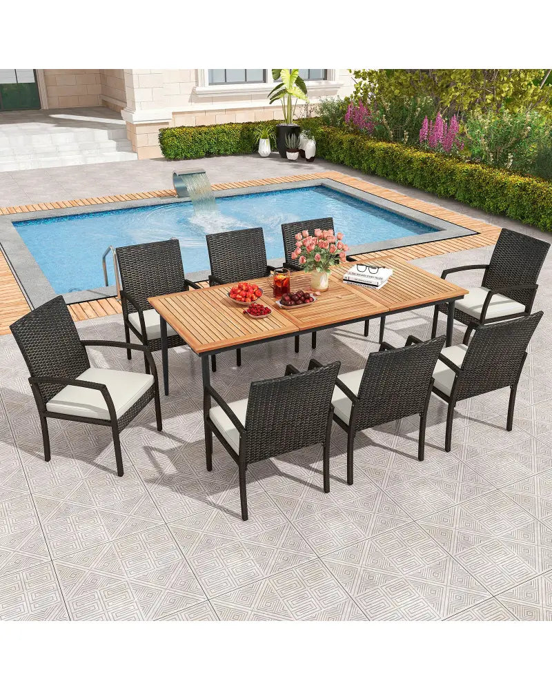 9-Piece Patio Dining Set with Umbrella Hole and 8 Rattan-woven Dining Chairs with Seat Cushions - Natural - Patio