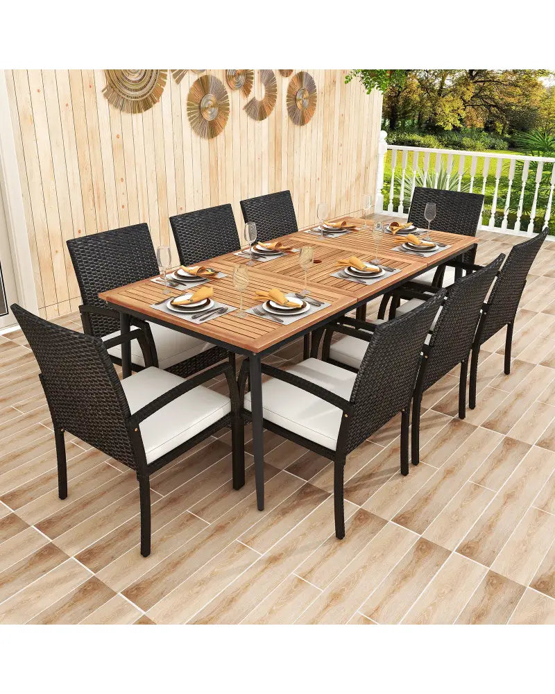 9-Piece Patio Dining Set with Umbrella Hole and 8 Rattan-woven Dining Chairs with Seat Cushions - Natural - Patio