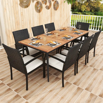 9-Piece Patio Dining Set with Umbrella Hole and 8 Rattan-woven Dining Chairs with Seat Cushions - Natural - Patio