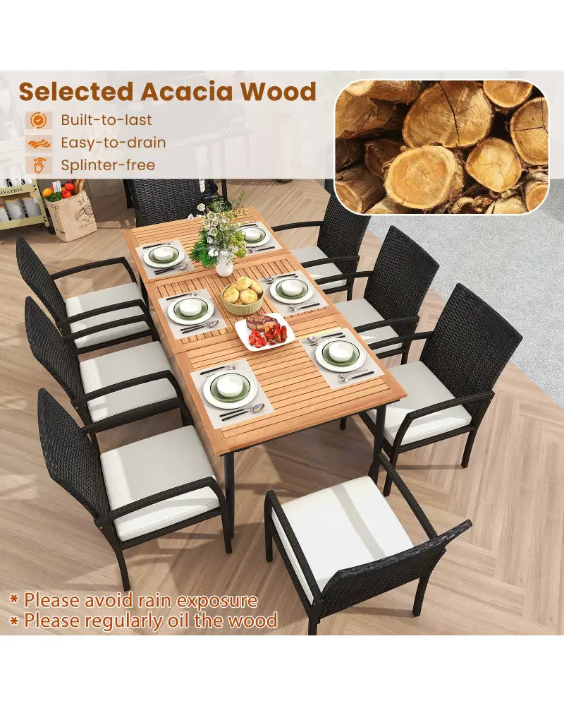 9-Piece Patio Dining Set with Umbrella Hole and 8 Rattan-woven Dining Chairs with Seat Cushions - Natural - Patio