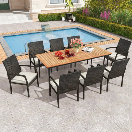 9-Piece Patio Dining Set with Umbrella Hole and 8 Rattan-woven Dining Chairs with Seat Cushions - Natural - Patio