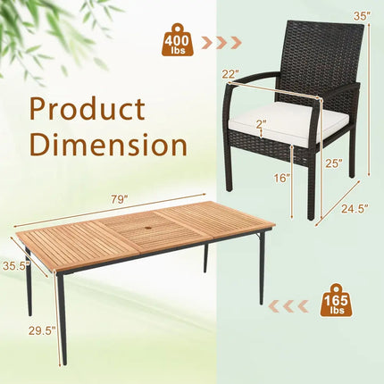 9-Piece Patio Dining Set with Umbrella Hole and 8 Rattan-woven Dining Chairs with Seat Cushions - Natural - Patio