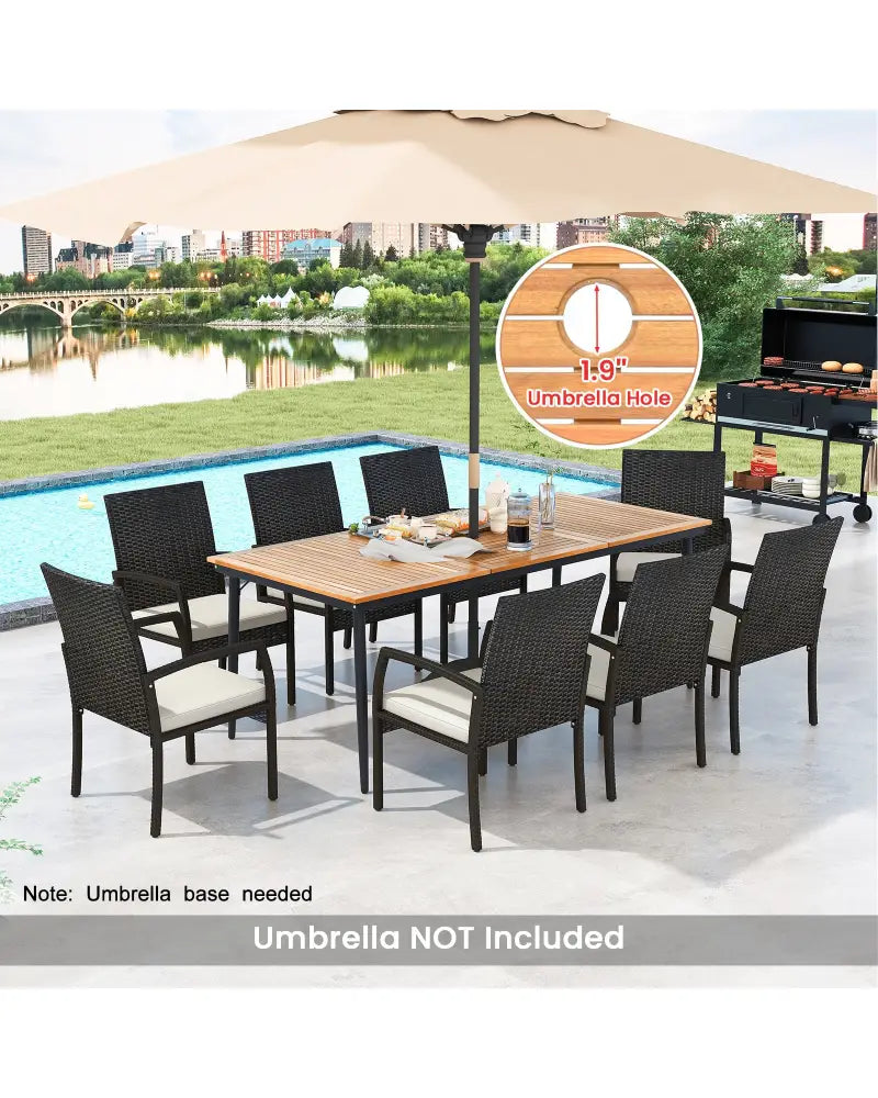 9-Piece Patio Dining Set with Umbrella Hole and 8 Rattan-woven Dining Chairs with Seat Cushions - Natural - Patio