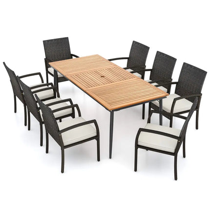 9-Piece Patio Dining Set with Umbrella Hole and 8 Rattan-woven Dining Chairs with Seat Cushions - Natural - Patio