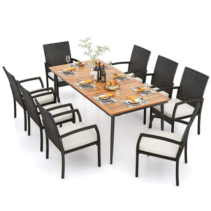 9-Piece Patio Dining Set with Umbrella Hole and 8 Rattan-woven Dining Chairs with Seat Cushions - Natural - Patio