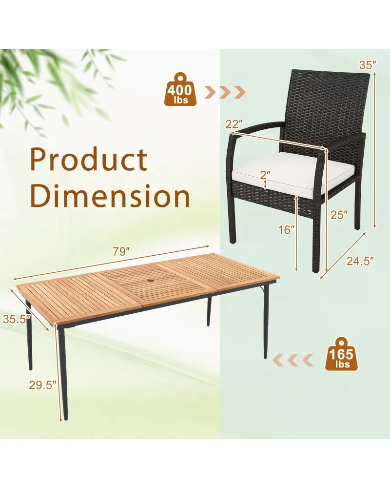 9-Piece Patio Dining Set with Umbrella Hole and 8 Rattan-woven Dining Chairs with Seat Cushions - Natural - Patio