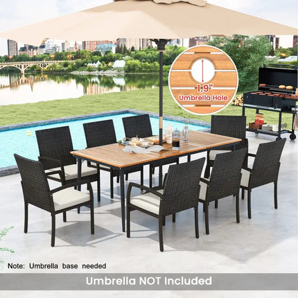 9-Piece Patio Dining Set with Umbrella Hole and 8 Rattan-woven Dining Chairs with Seat Cushions - Natural - Patio