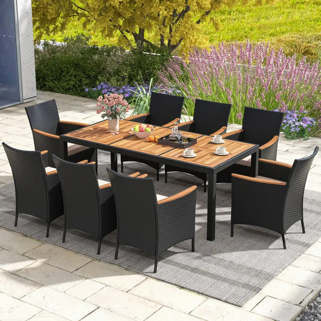 9 Pieces Outdoor Dining Set with Acacia Wood Tabletop - Beige - Patio Dining Sets
