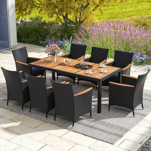 9 Pieces Outdoor Dining Set with Acacia Wood Tabletop for Garden-Navy - Navy - Patio Dining Sets