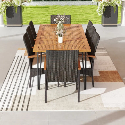 9 Pieces Outdoor Patio Dining Set with Acacia Wood Square Table and Umbrella Hole - Patio Dining Sets