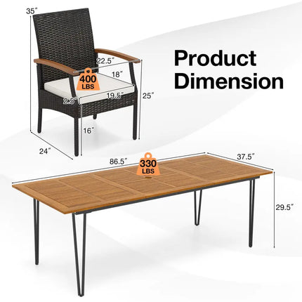 9 Pieces Outdoor Patio Dining Set with Acacia Wood Square Table and Umbrella Hole - Patio Dining Sets