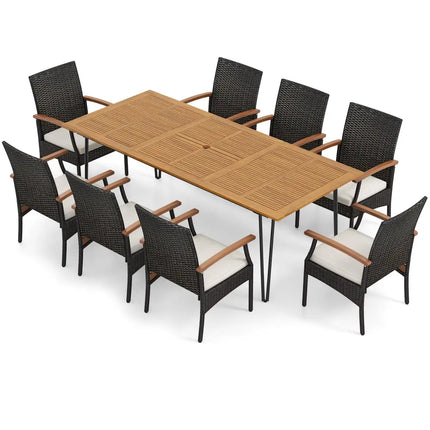 9 Pieces Outdoor Patio Dining Set with Acacia Wood Square Table and Umbrella Hole - Patio Dining Sets