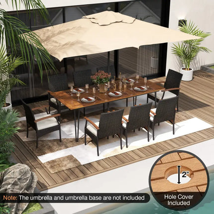 9 Pieces Outdoor Patio Dining Set with Acacia Wood Square Table and Umbrella Hole - Patio Dining Sets