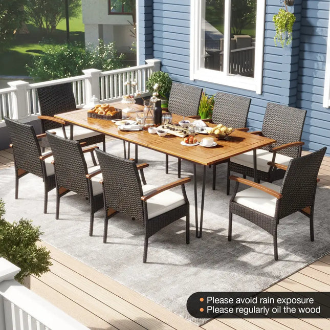 9 Pieces Outdoor Patio Dining Set with Acacia Wood Square Table and Umbrella Hole - Patio Dining Sets