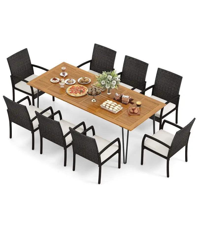 9 Pieces Outdoor Patio Dining Set with Soft Cushions and Acacia Wood Square Table - Patio Dining Sets