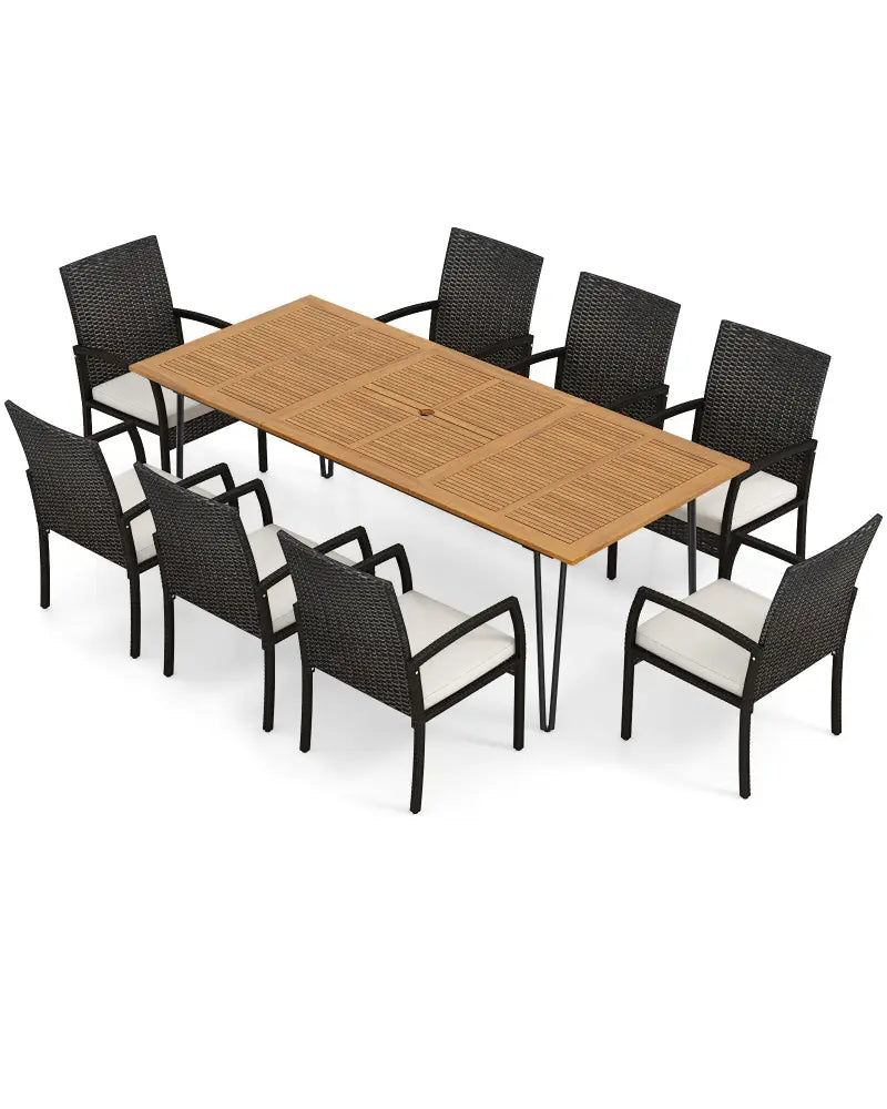 9 Pieces Outdoor Patio Dining Set with Soft Cushions and Acacia Wood Square Table - Patio Dining Sets