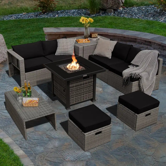 9 Pieces Outdoor Patio Furniture Set with 32-Inch Propane Fire Pit Table-Black - Black - Outdoor Sectionals
