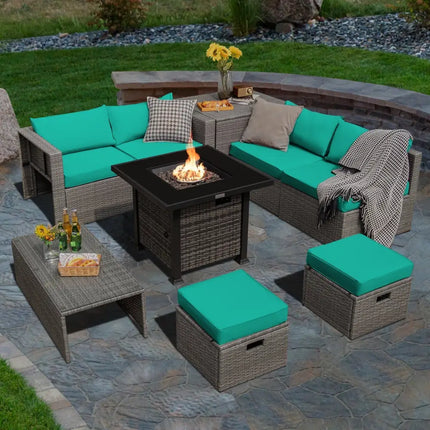 9 Pieces Outdoor Patio Furniture Set with 32-Inch Propane Fire Pit Table-Turquoise - Turquoise - Outdoor Sectionals