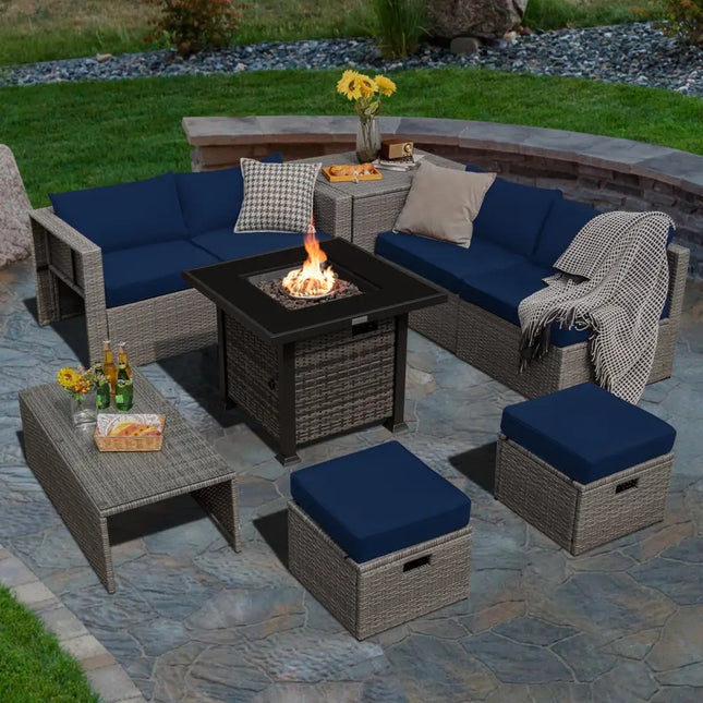 9 Pieces Outdoor Patio Furniture Set with 32-Inch Propane Fire Pit Table-Navy - Navy - Outdoor Sectionals