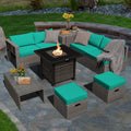 9 Pieces Outdoor Patio Furniture Set with 32-Inch Propane Fire Pit Table-Turquoise - Turquoise - Outdoor Sectionals