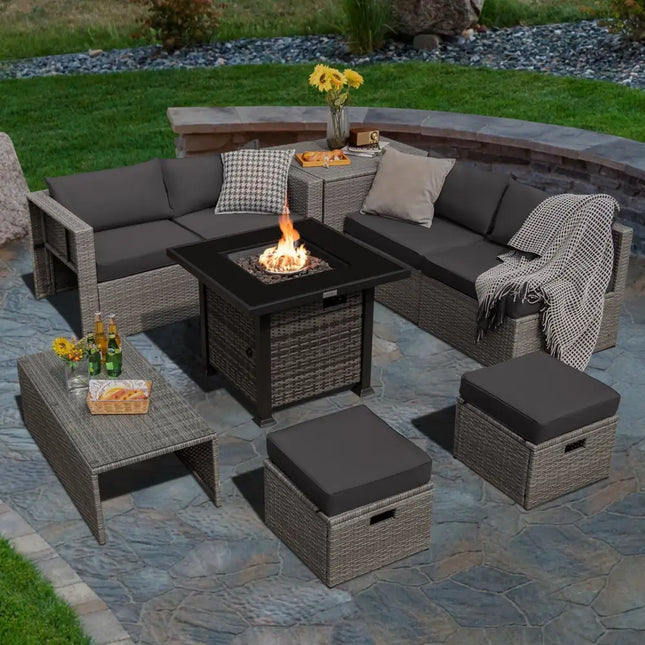 9 Pieces Outdoor Patio Furniture Set with 32-Inch Propane Fire Pit Table-Gray - Gray - Outdoor Sectionals