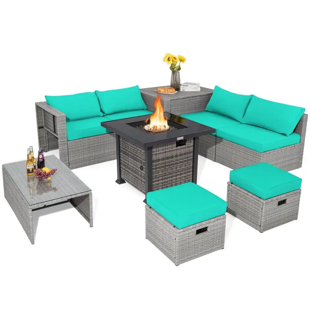 9 Pieces Outdoor Patio Furniture Set with 32-Inch Propane Fire Pit Table-Turquoise - Turquoise - Outdoor Sectionals