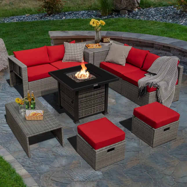 9 Pieces Outdoor Patio Furniture Set with 32-Inch Propane Fire Pit Table-Red - Red - Outdoor Sectionals