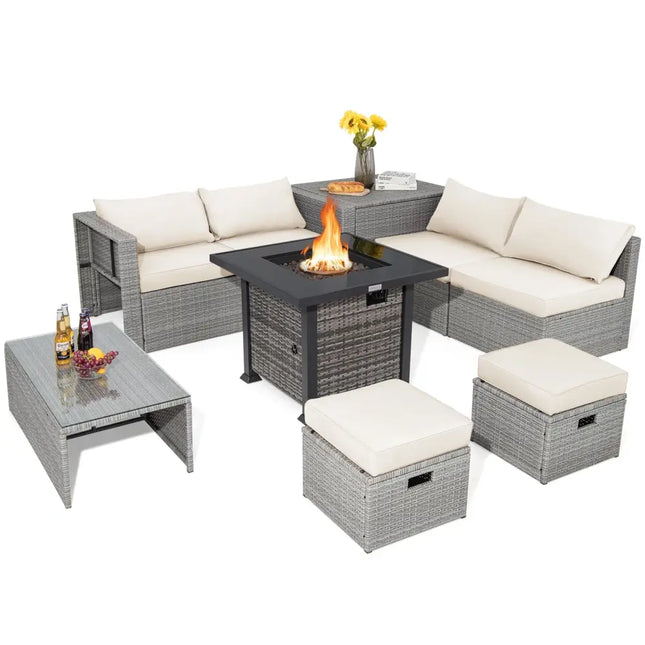 9 Pieces Outdoor Patio Furniture Set with 32-Inch Propane Fire Pit Table-Off White - Off White - Outdoor Sectionals
