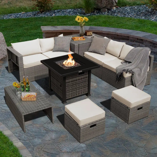 9 Pieces Outdoor Patio Furniture Set with 32-Inch Propane Fire Pit Table-Off White - Off White - Outdoor Sectionals